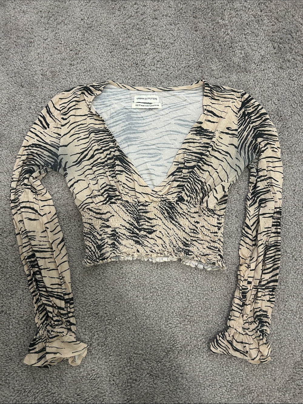 Urban Outfitters Beige and Black Zebra-Print V-Neck Smocked Crop Top